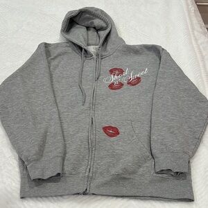 Gray Hoodie with Red Lip Print